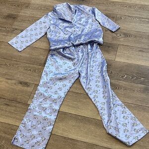 Purple Blue Cat Pajama Satin Set Pants Button Front Top Medium to Large